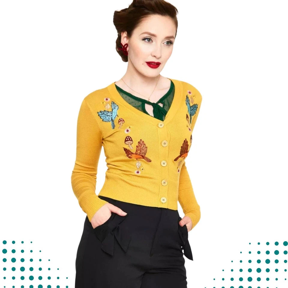 Women Retro YELLOW WOODLAND EMBROIDERED CARDIGAN Vintage Style Cardigan