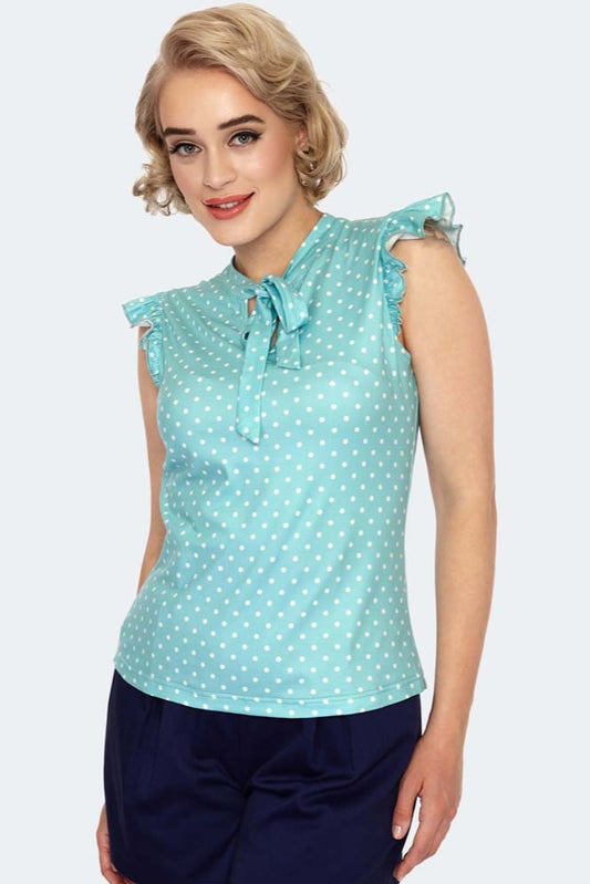 Women Retro Vintage Top Polka Dot Tie Neck Sleeveless Top