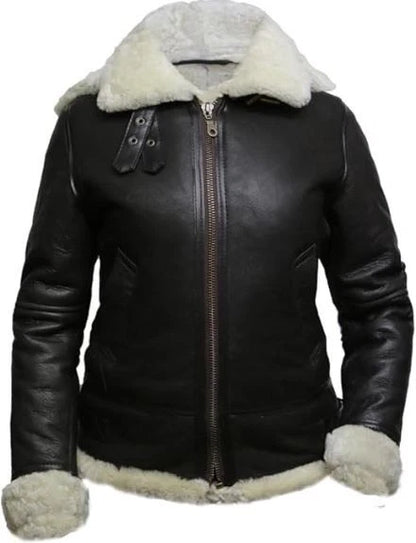 Women's Black Leather Jacket Genuine Sheepskin B3 Raf Aviator Faux Fur Shearling