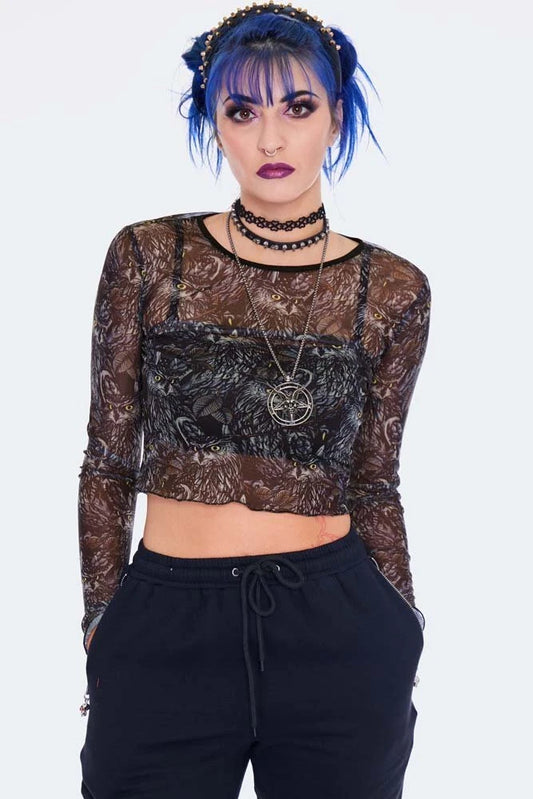 Gothic Night Owl Long Sleeve Mesh Top Punk Alternative Fashion Cropped Top