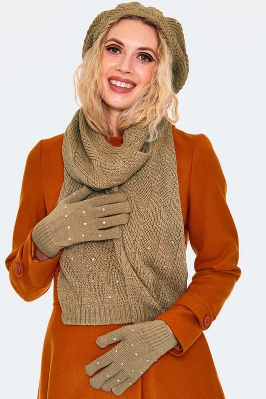 Retro Vintage Style Sparkle Brown Beret, Scarf & Glove Set