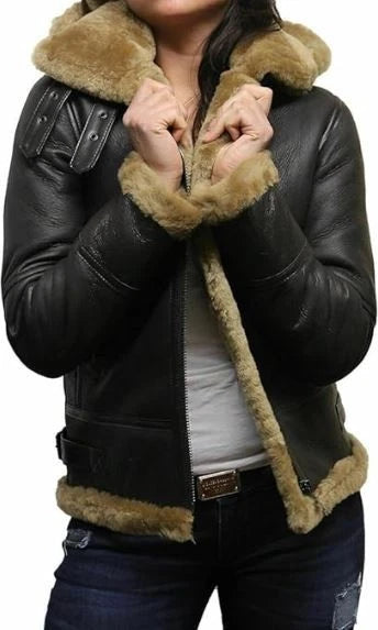Women's Black Leather Jacket Genuine Sheepskin B3 Raf Aviator Faux Fur Shearling