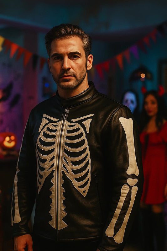 Men's Leather Jacket Skeleton Bones Biker Motorcycle Real leather Jacket Coat