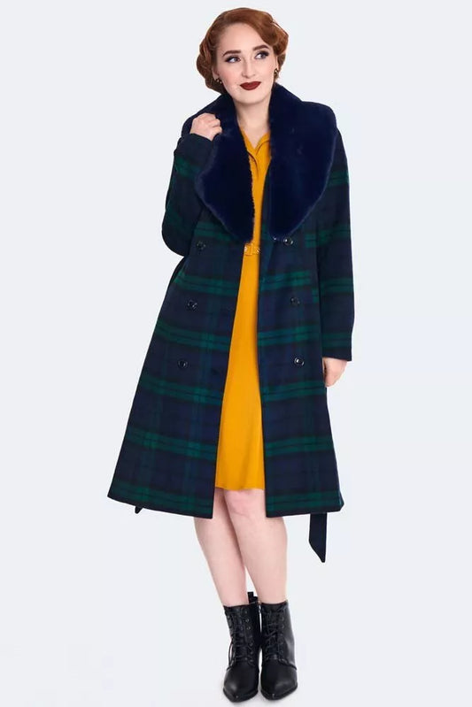 Women Retro Tartan Flare Coat with Fur Collar Vintage Style Fashion