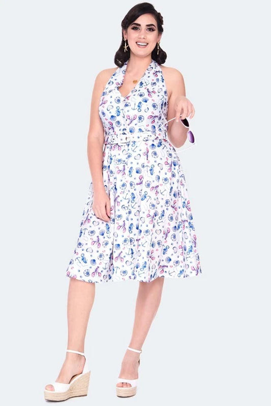 CURVE SEA PRINT HALTER NECK FLARE RETRO VINTAGE STYLE DRESS