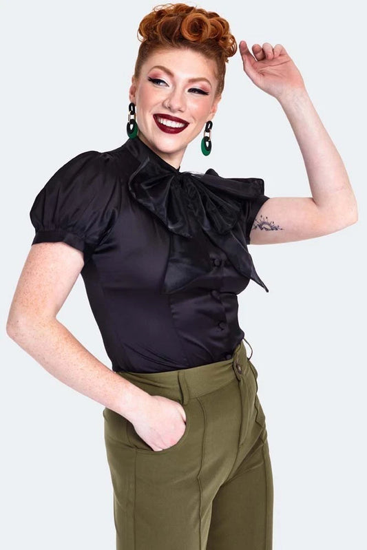 Organza Bow Satin Women Retro Vintage Style Blouse