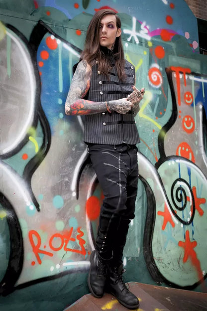 Black Gothic Punk Style Trousers With Leather Trimmed