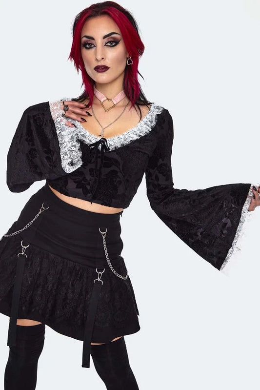 Alternative Style Velvet Devore Gothic Frilled Top