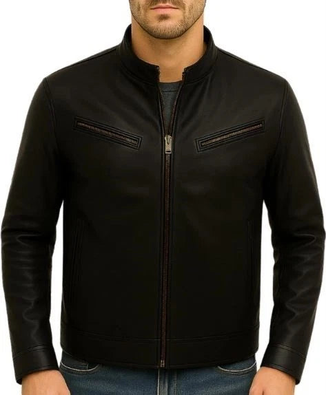 Men's Cafe Racer Black Slim Fit Genuine Leather Motorcycle Biker Style Jacket