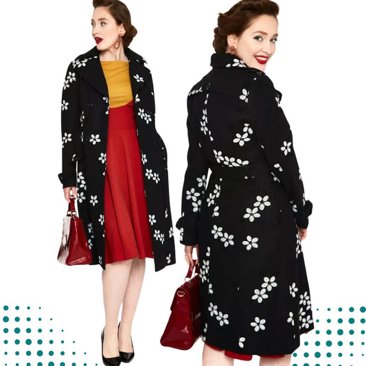 Women Retro Floral Flocked Double Breasted Coat Vintage Style Fashion
