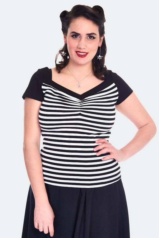 Vintage Style Striped Short Sleeve Retro Low Neck Top