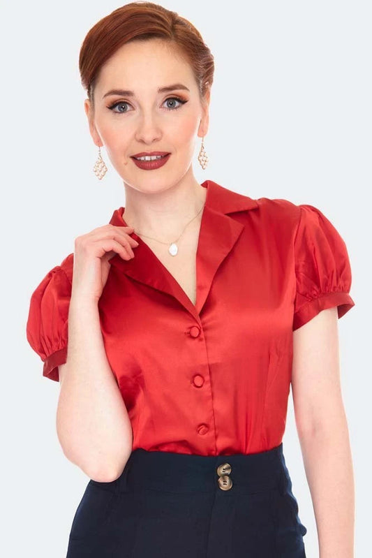 Red Vintage Style Satin Short Sleeve Retro Blouse