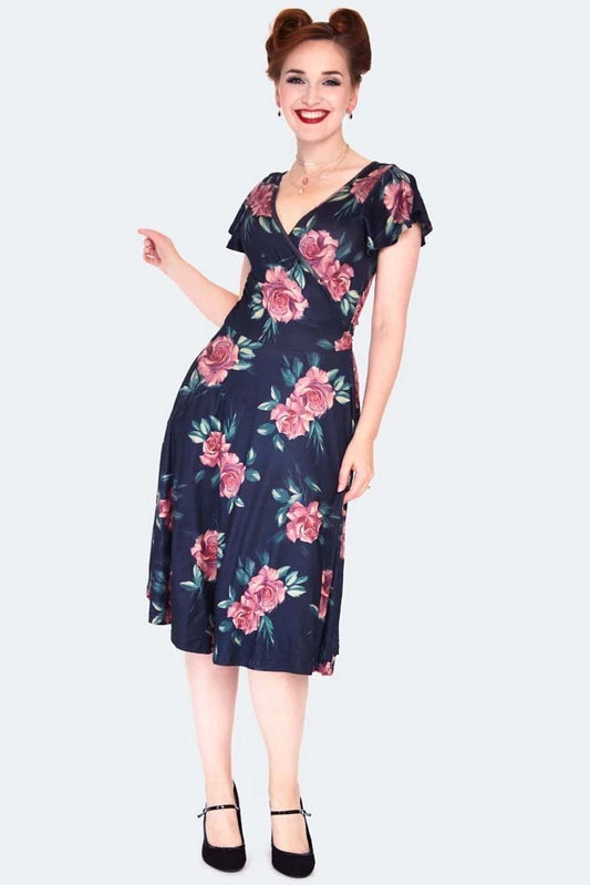 Dark floral flutter sleeve wrap Retro Vintage Style dress