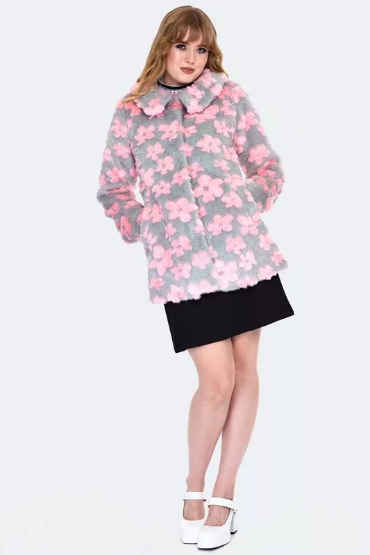Women Faux Fur Retro Flower Pattern Coat Vintage Fashion