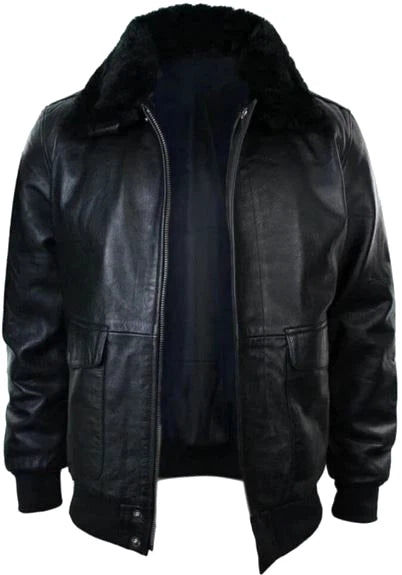 Mens G1 Faux Fur Collar Navy Force Bomber Black Leather Classic Vintage Jacket