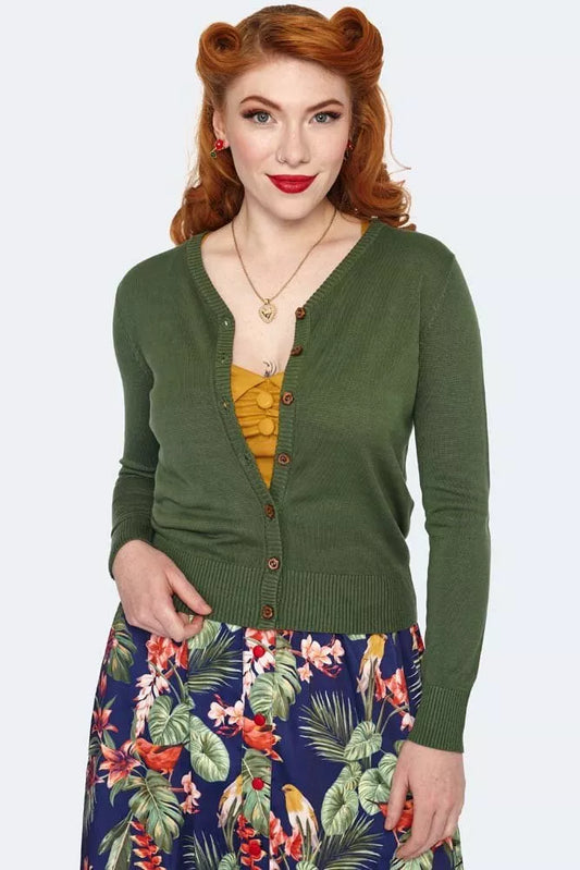 Women Retro Wooden Button Cardigan In Green Vintage Style Cardigan
