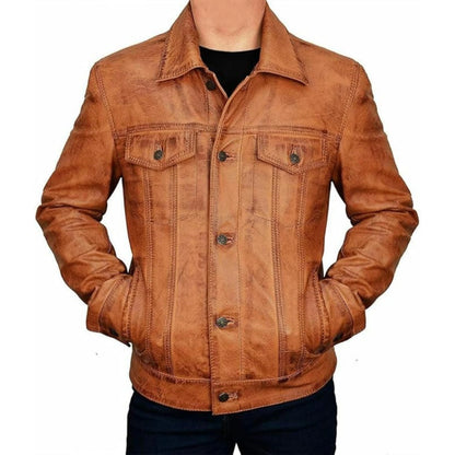 Men's Brown Tan Brown Leather Jacket Vintage Motorcycle Leather Jacket