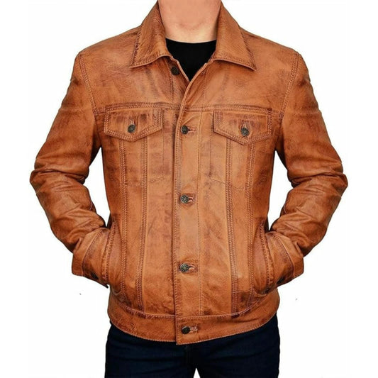 Men's Brown Tan Brown Leather Jacket Vintage Motorcycle Leather Jacket