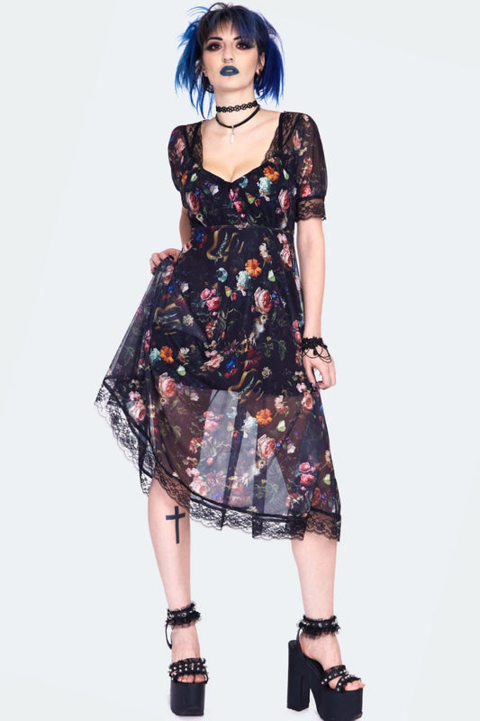 Gothic Night Garden Print Short Sleeve Dress Alternative Style