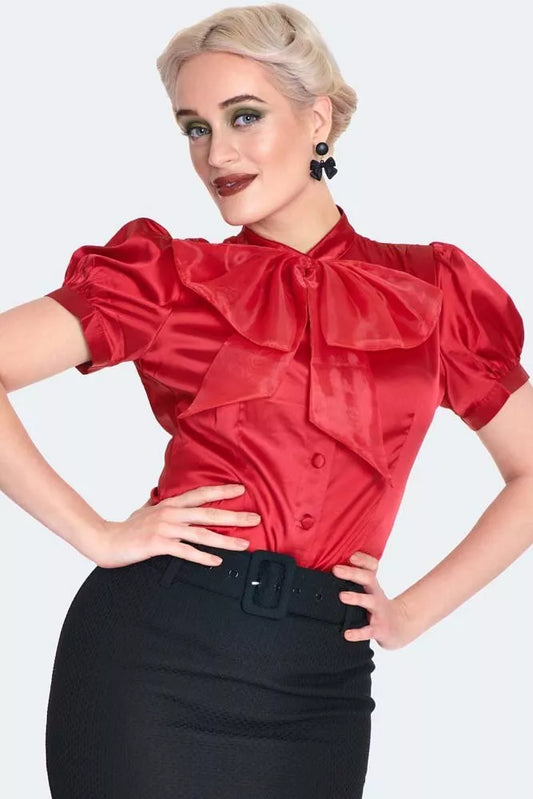 Ladies Retro Oversized Bow Detail Blouse Women Top Short Sleeve Vintage Fashion