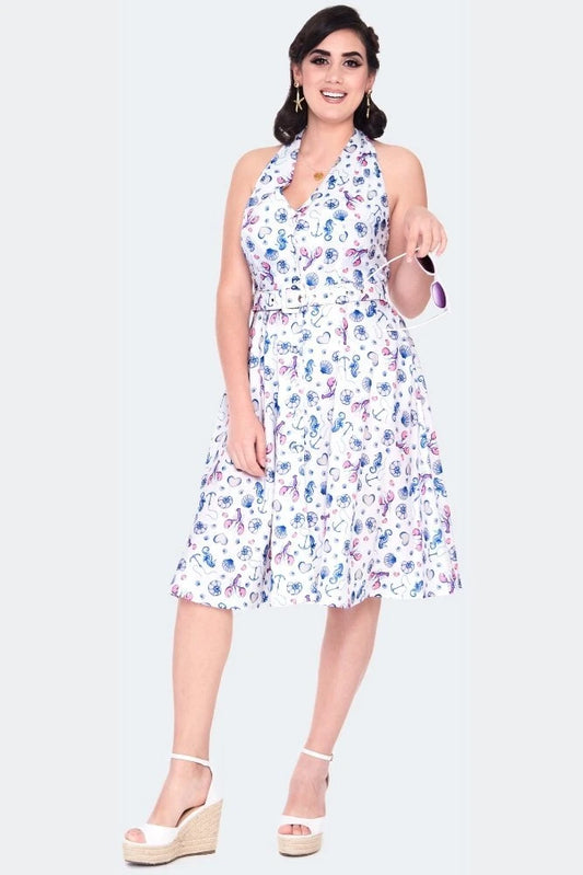 WOMEN RETRO SEA PRINT HALTER NECK FLARE VINTAGE STYLE DRESS