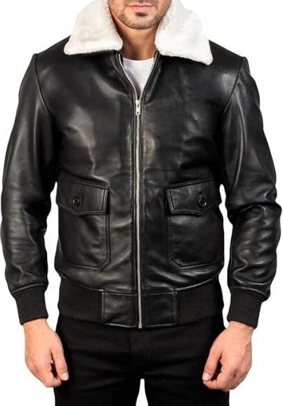 Men's Classic Aviator Style White Faux Fur Collar Brown Leather Bomber Jacket