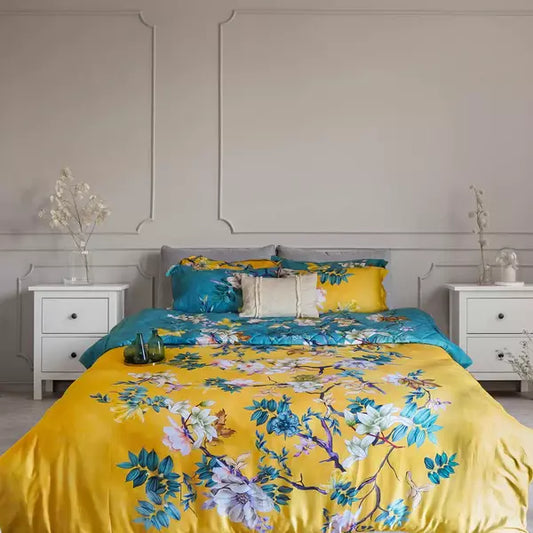 Floral Vine Duvet Quilt Cover Set in Yellow & Blue Premium Quality 100% Cotton