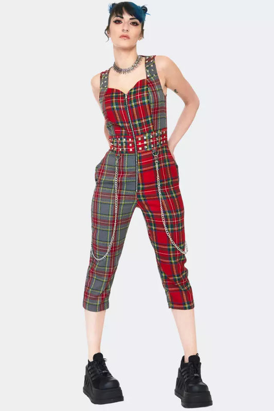 New Gothic Punk Pretty Vacant Overalls Capri Fitted Overall Dungaree Jumpsuit
