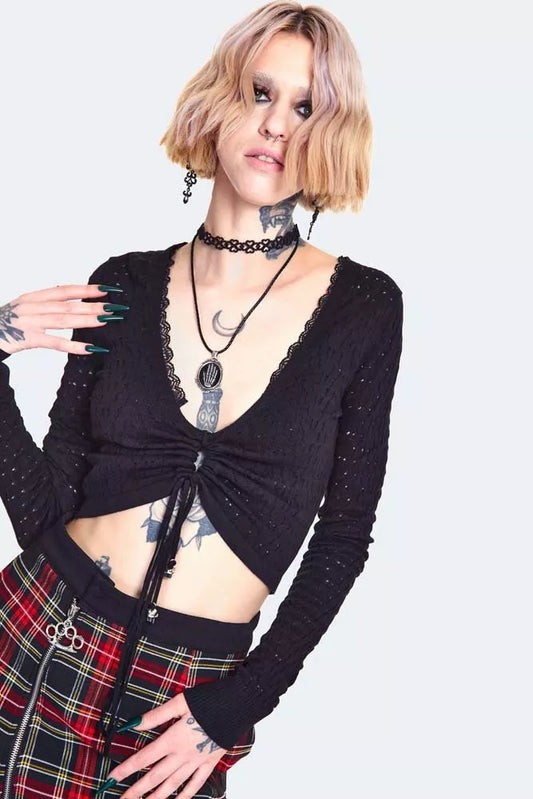Gothic Lace Knit Drawstring Sweater Alternative Style Fashion