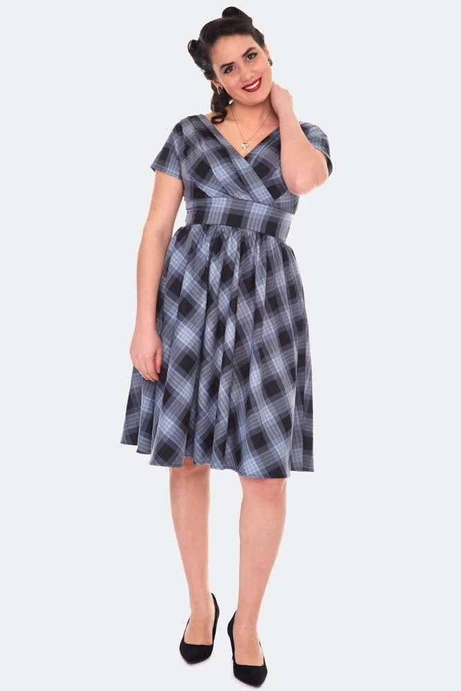 GREY RETRO CHECKED FLARE VINTAGE STYLE DRESS