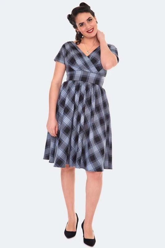 GREY RETRO CHECKED FLARE VINTAGE STYLE DRESS