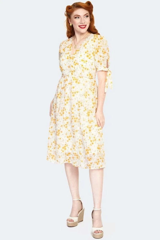 Retro Vintage Style Tie Sleeve Floral Pattern Flare Dress