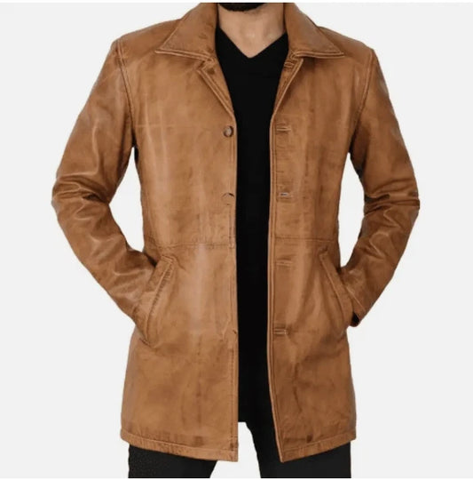 Genuine Leather Mens Camel 3/4 Length Car Winter Coat for Men - Mens Trench Coat