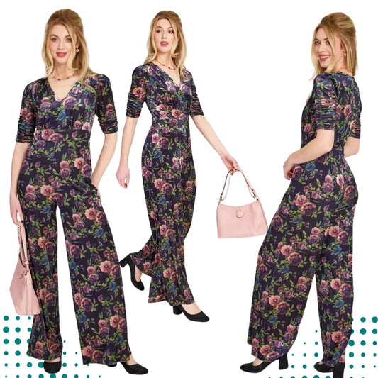 Velvet Retro Vintage Style Floral Wide Jumpsuit