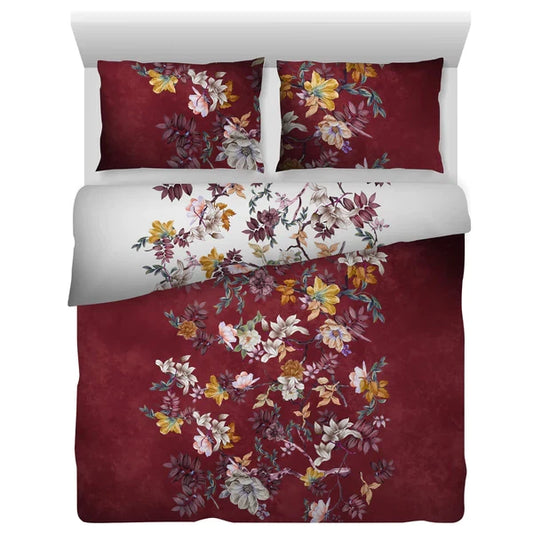 Floral Vine Duvet Quilt Cover Set in Red & White Premium Quality 100% Cotton