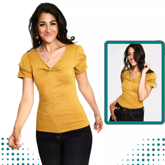 Rhiannon Mustard Retro Bow Vintage Style V-Neck Top