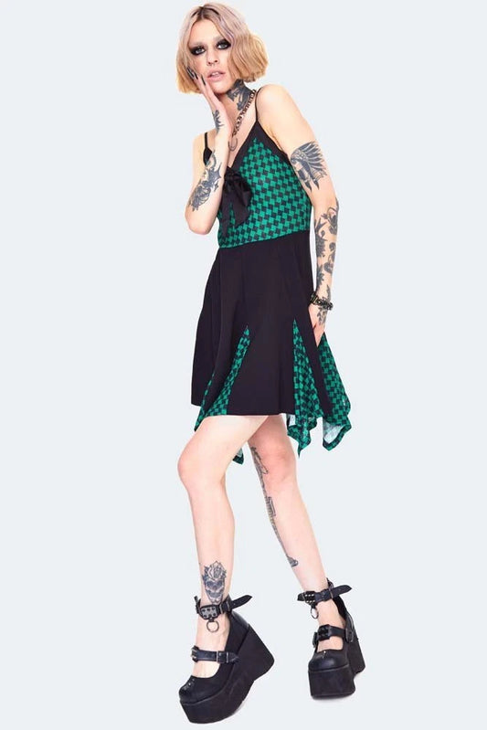 Gothic Alternative Style Check Panel Strappy Mini Dress