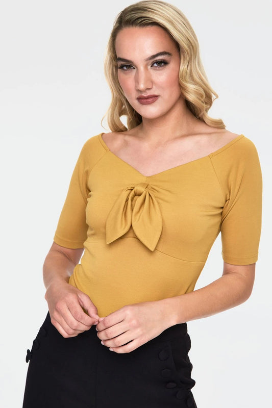 V Neck Retro Style Women Top Anika Mustard Tie Front Pullover Top