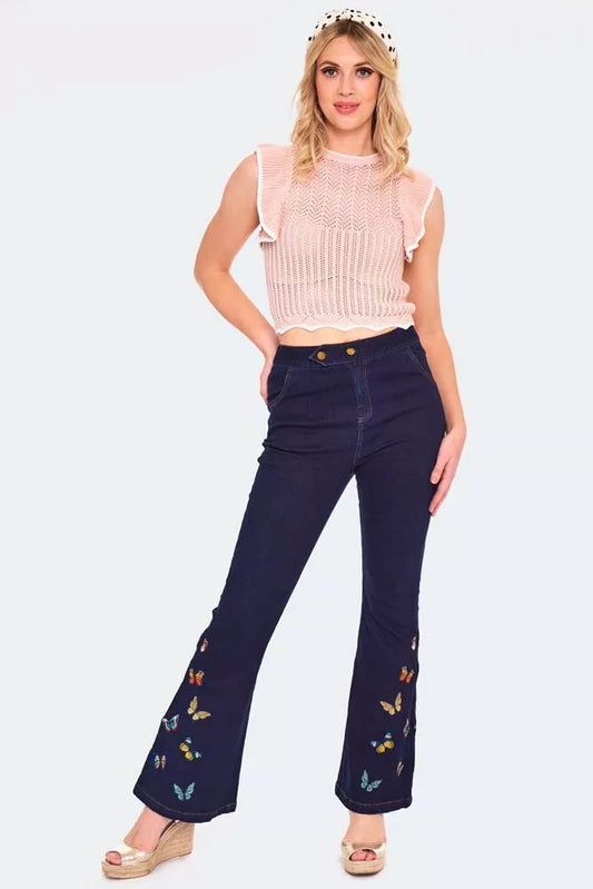 Retro Butterfly Embroidery Vintage Style Denim Trousers