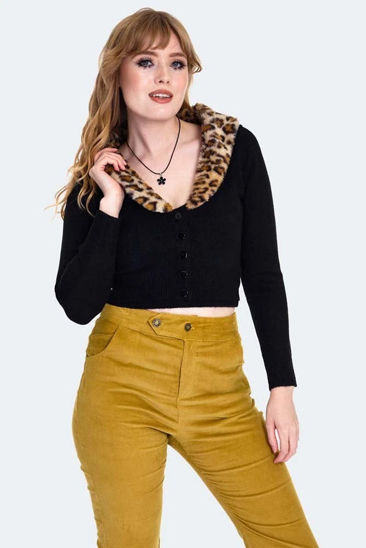 Leopard Fur Collar Ladies Cardigan Set Retro Vintage Style Fashion Cardigan Top