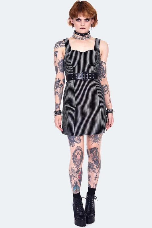 Gothic Pinstripe bodycre dress with waist belt Alternative Style