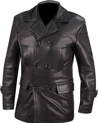 German Black Leather U-Boat Deck Jacket - WW2 Repro Kriegsmarine Coat for Men