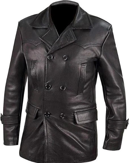 German Black Leather U-Boat Deck Jacket - WW2 Repro Kriegsmarine Coat for Men