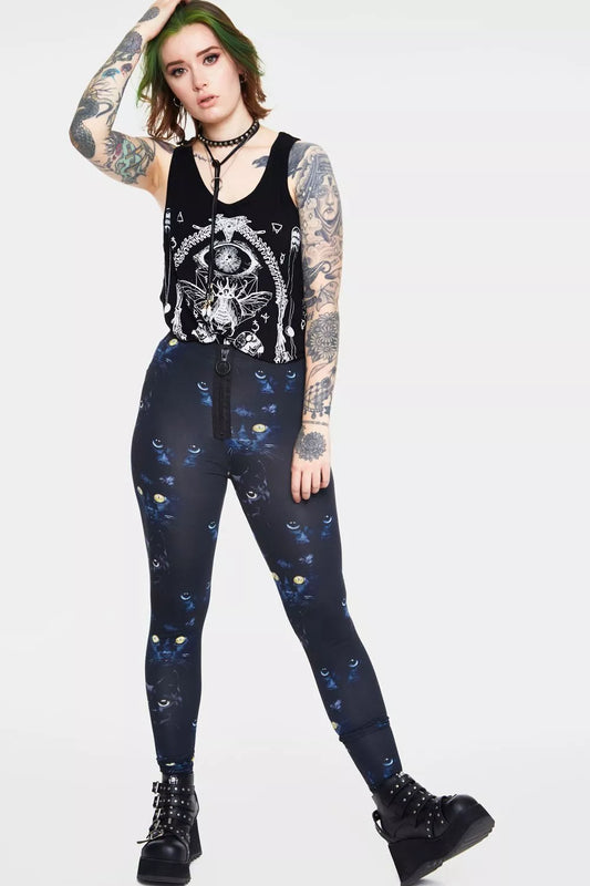 Ladies New Gothic Punk Salem Leggings Alternative Chic Cat Print
