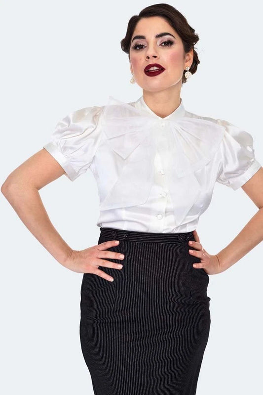 Retro Vintage Style Satin Blouse With Organza Bow
