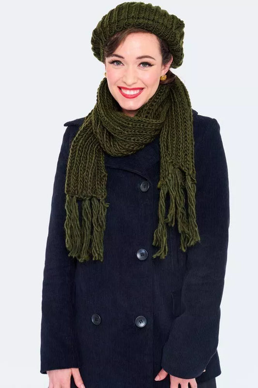 Retro Lana Green Beret & Scarf Set Vintage style