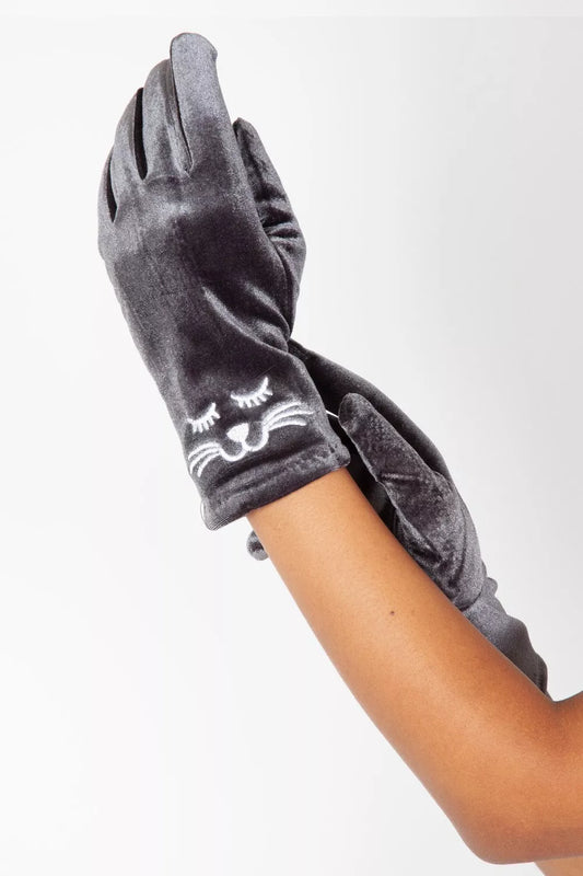 Kitty Retro Vintage Style Grey Velvet Gloves