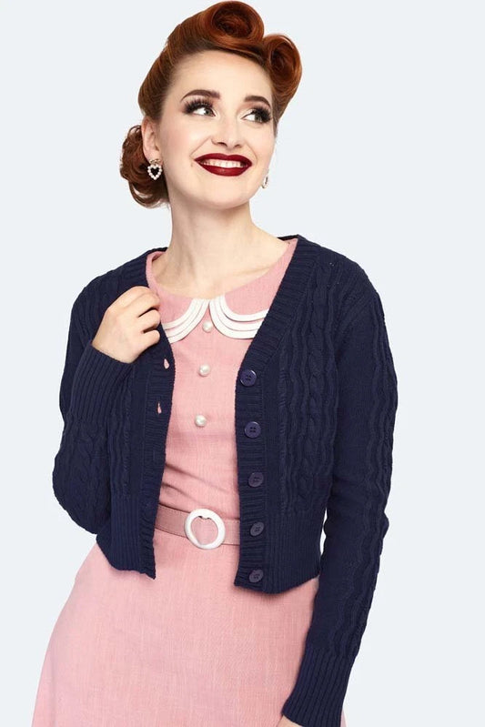 Women Retro Mabel Cropped Cardigan in Navy Vintage Style Cardigan