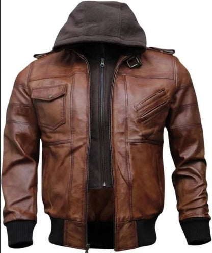 Men Cafe Racer RemovableHooded Bomber Motorcycle Brown Lambskin Leather Jacket