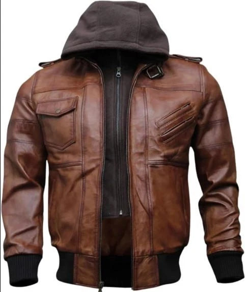 Men Cafe Racer RemovableHooded Bomber Motorcycle Brown Lambskin Leather Jacket